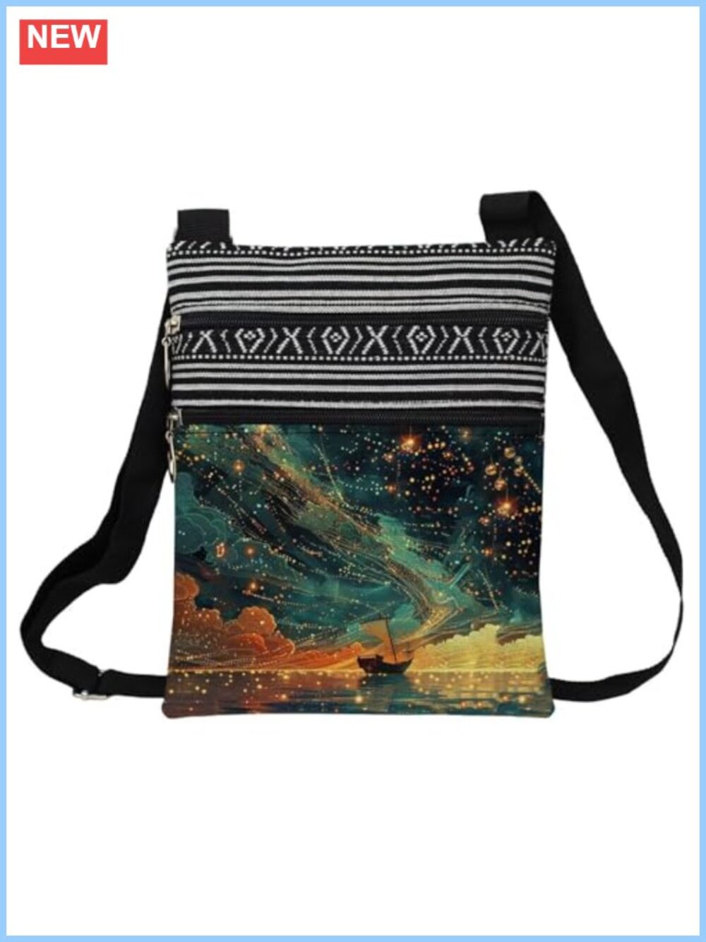 Ethnic Print Crossbody Bag Polyester Adjustable Strap Zipper Messenger
